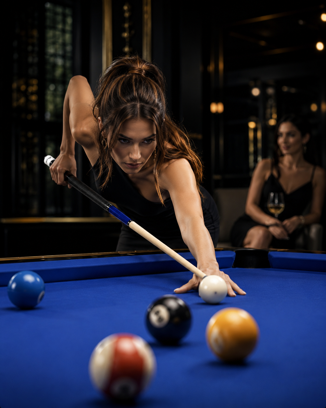 Player lining up a shot on sapphire-blue felt with a Giuseppe cue